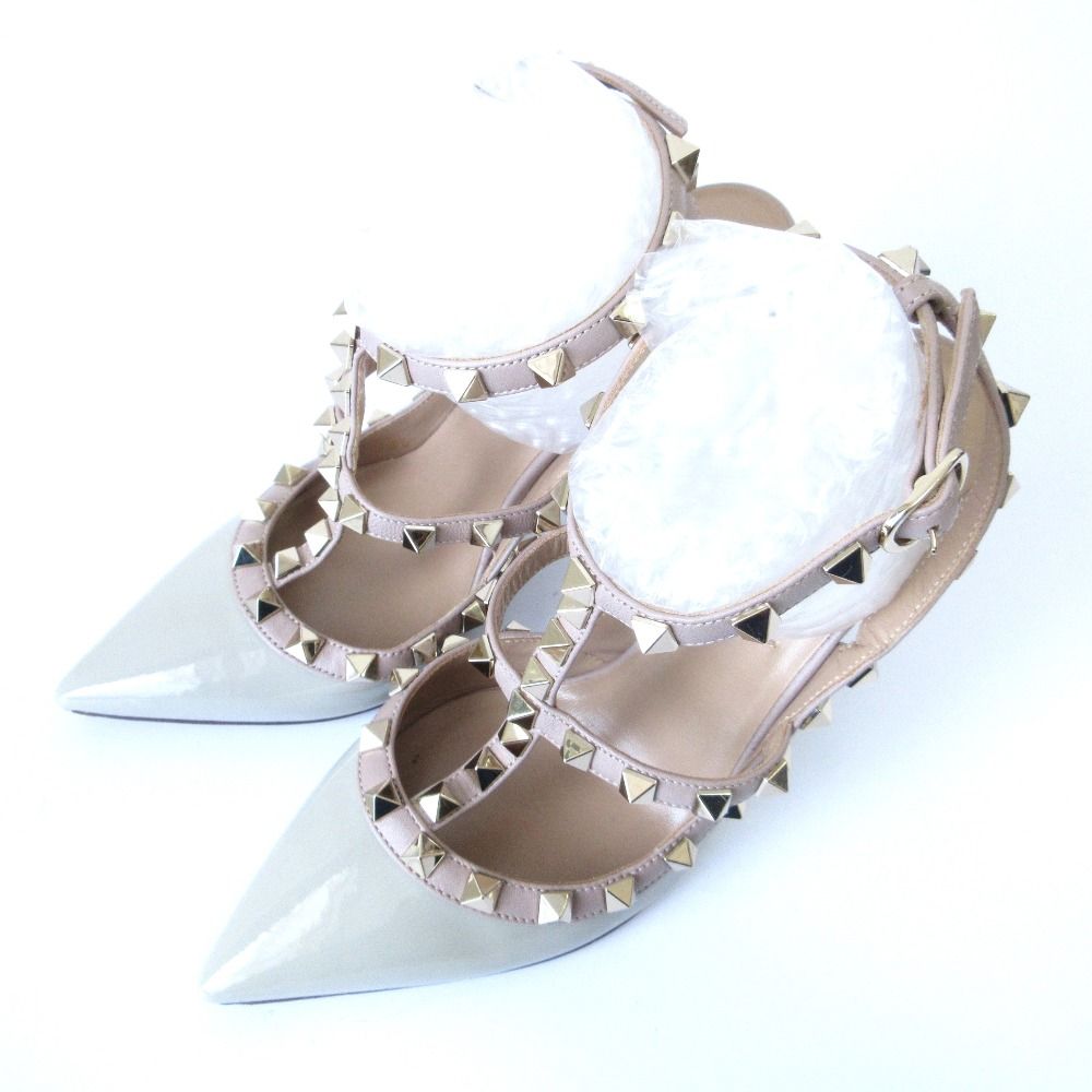 VALENTINO GARAVANI ヴァレンティノガラヴァーニ パテントレザー スタッズ アンクルベルト パンプス 35.5 22.5cm相当 グレー レディース 古着