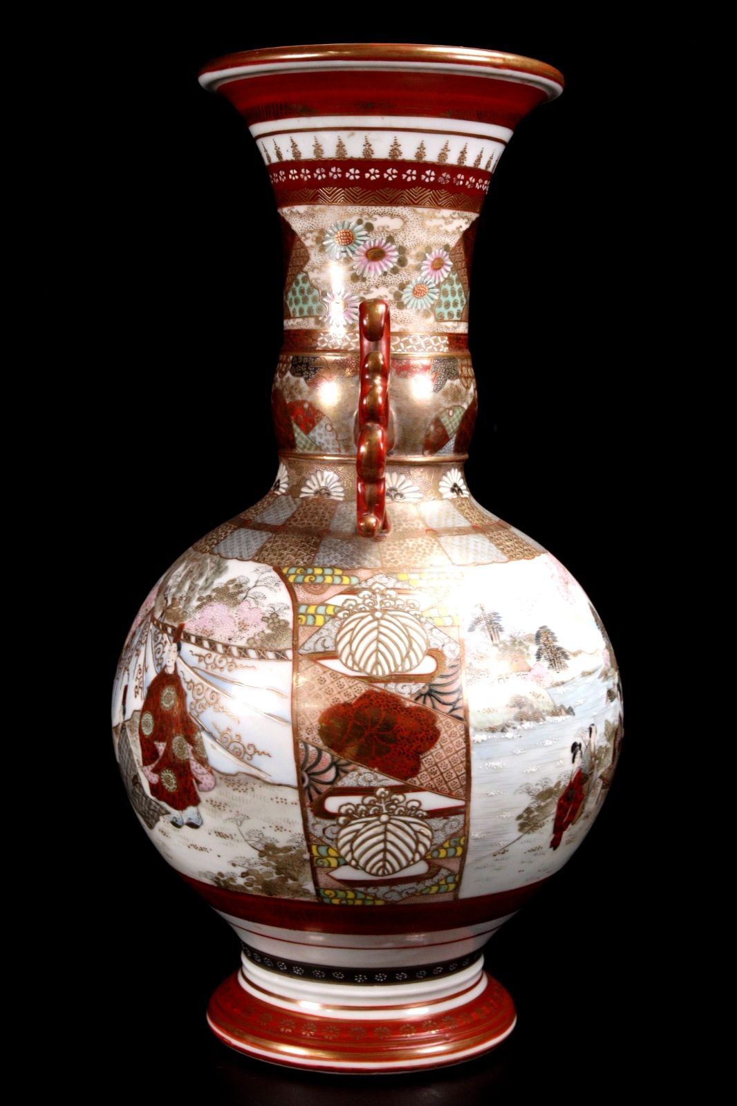 明治期 加賀國 九谷焼 赤絵楼閣山水文花瓶 36.5cm唐物 骨董 古