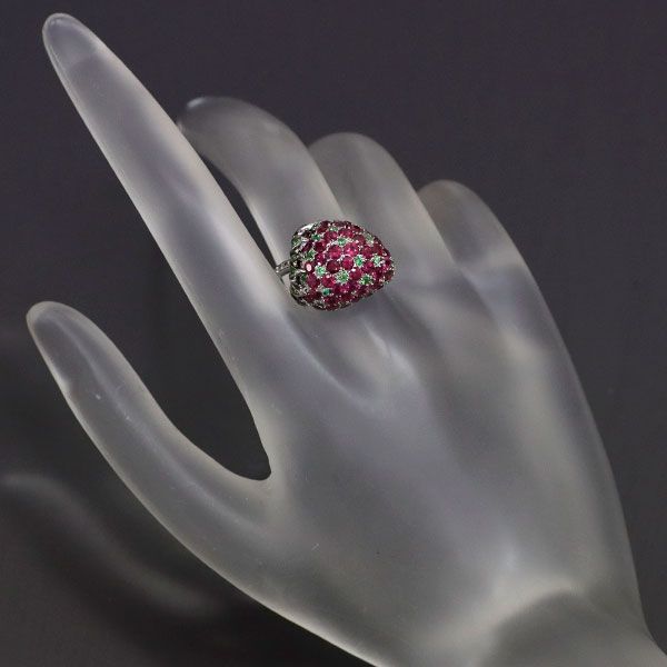 K18WG ルビー グリーンガーネット ダイヤモンド リング D0.15ct いちご  