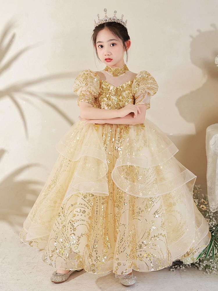 2025 子供ドレス ゴールド プリンセス 女の子 発表会 ピアノ 演奏会 司会 衣装 キッズ フォーマル