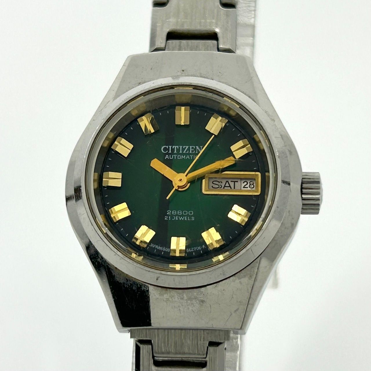 稼働品 citizen シチズン オートマチック 腕時計 レディース 4-661125 Y 自動巻き 21石 デイデイト グリーン文字盤 ビンテージ クラシック レトロ アナログ ドレスウォッチ シルバー カットガラス G5