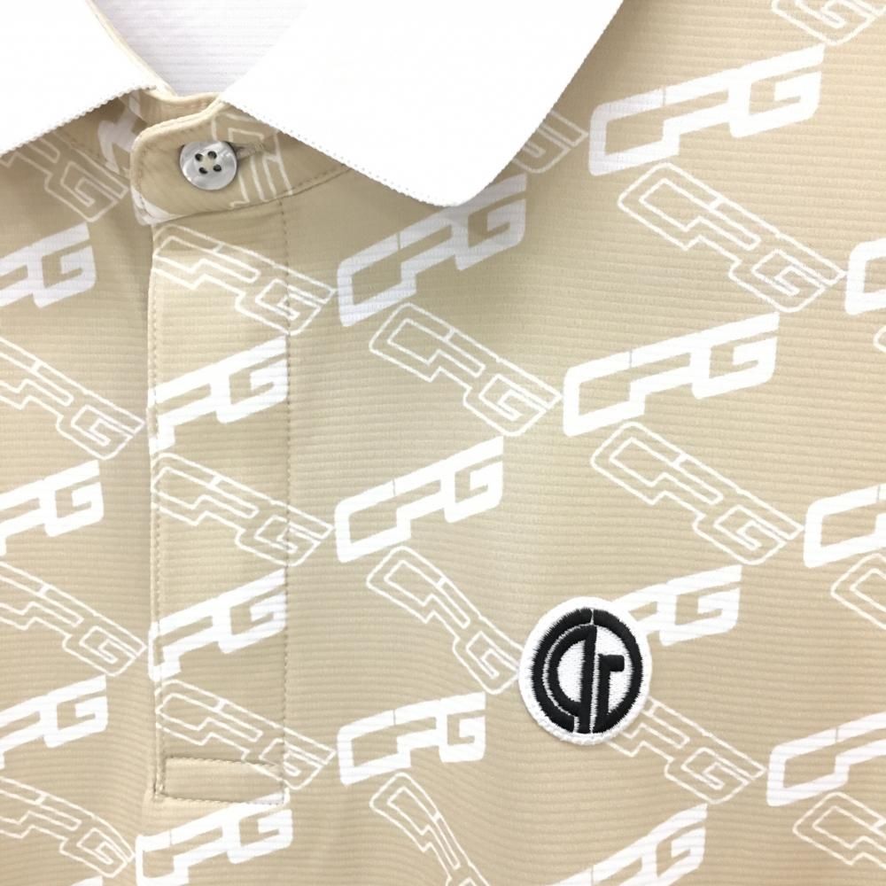 【超美品】CPG 半袖ポロシャツ ベージュ×白 ロゴ総柄 ワッペン メンズ 2(M) ゴルフウェア CPG 超美品】CPG 半袖ポロシャツ ベージュ×白 ロゴ総柄 ワッペン