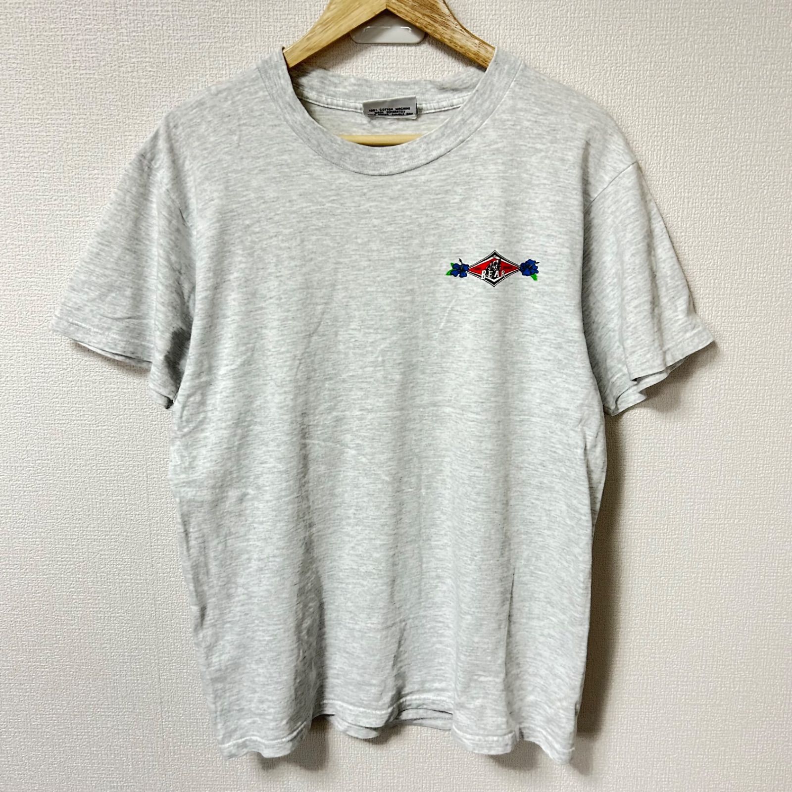 USA製(^w^)b BEAR ベアー クルーネック 半袖Tシャツ 80s 90s ヴィンテージ コットン 綿100% バックプリント サーフ ストリート アメカジ 古着MIX デイリー タウンユース ライトグレー メンズ