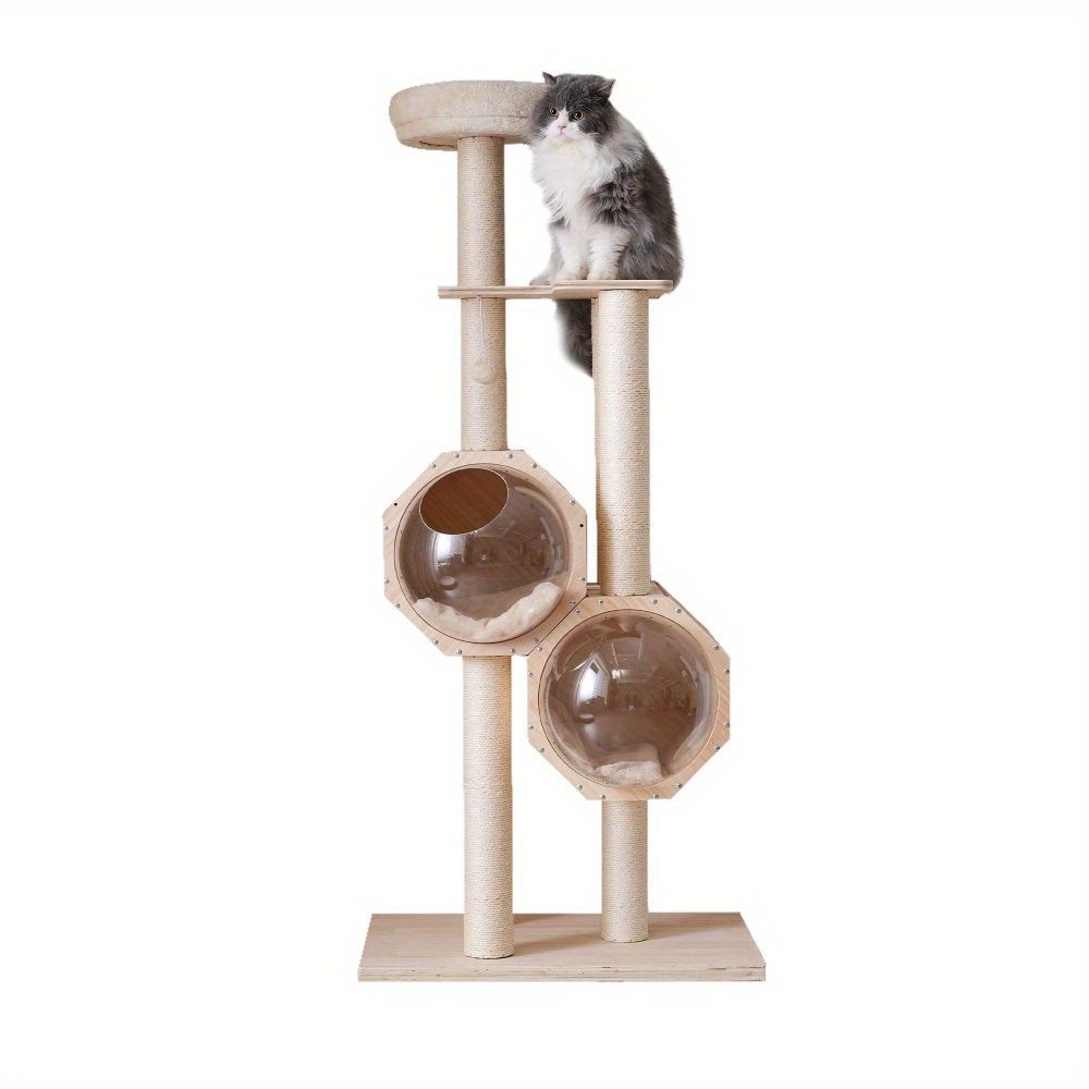 キャットタワー 見晴台 多機能 キャットツリー シンプル 透明 カプセル 猫ハウス キャットハウス 猫の巣 おしゃれ かわいい 据え置き スリム 省スペース 安定 安全 運動不足解消 猫用 おもちゃ 小型猫 中型猫 大型猫