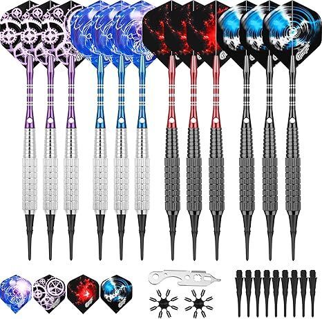 【在庫処分】CyeeLife 12本入り 15g ソフトチップダーツセッ+アルミシャフト+余分なティップ+多機能ツール，入門級家庭用ダーツ