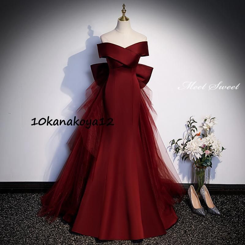 ワインレッド ロングドレス 結婚式 発表会 演奏会 ウェディングドレス ウエディングドレス99