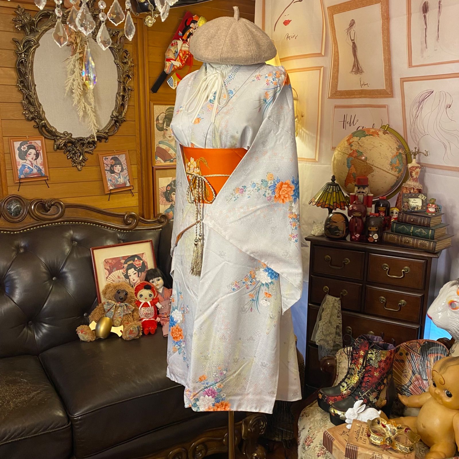 万筋　モノトーン　縦縞　小紋　着物　021a p 万筋 モノトーン 縦縞 小紋 着物 021a p