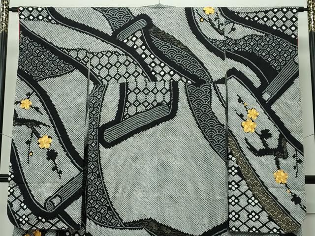平和屋着物 訪問着 絞り 地紙舞花文 黒地 金彩 正絹 逸品 DAAK4263ic