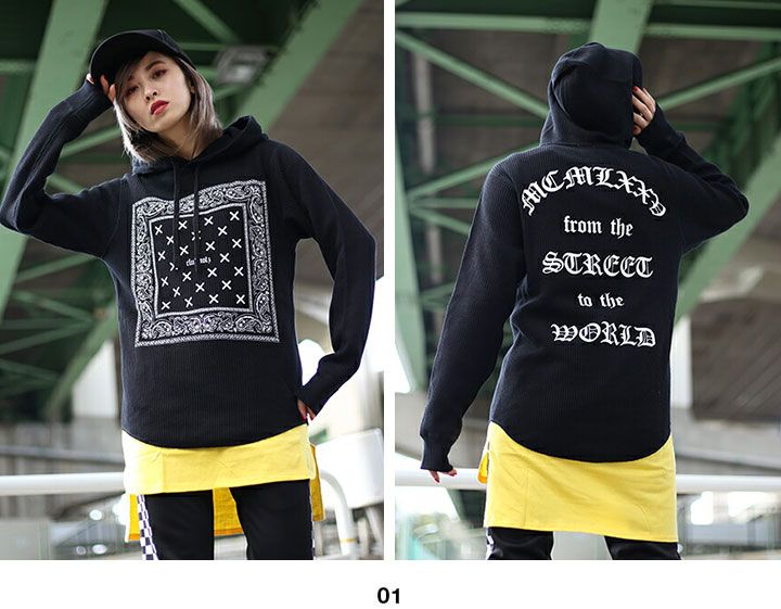 ロンT ストリート系 b系 ヒップホップ ストリートファッション 服 長袖Tシャツ クラブノイズ CLUB NO1Z Pablo パブロ ビッグシルエット ペイズリー柄 バンダナ柄 厚手 ワッフル サーマル 大きいサイズ CN-TL-LT-011 ロンT ストリート系 b系 ヒップホップ ストリートファッション 服 長袖