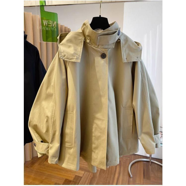 トレンチコート ショート丈 フ シンプル レディース ジャケット 体型カバー フード付き Aライン ショートトレンチコート ポンチョシルエット ハーフ丈 カジュアル おしゃれ ジップアップ アウタ ggfc568