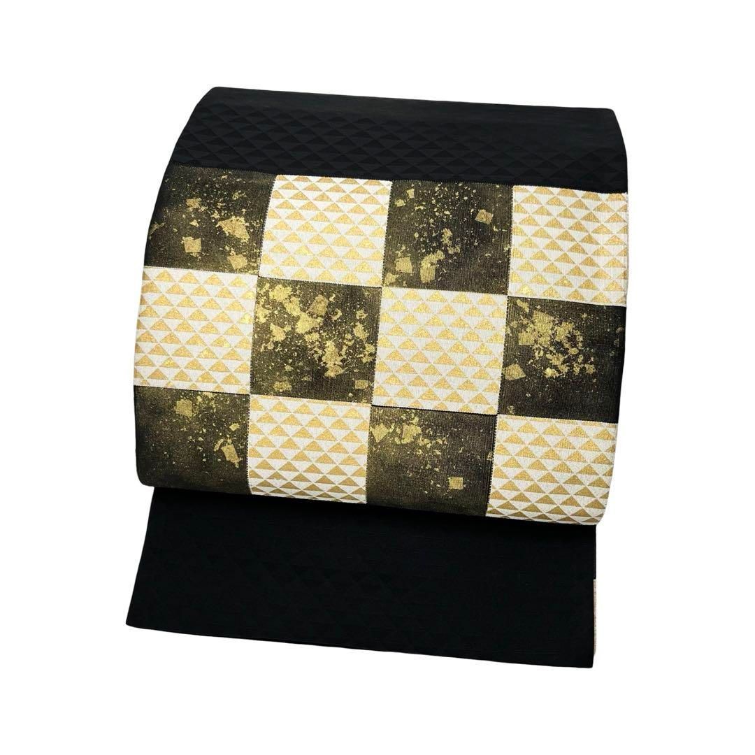 袋帯 格子に鱗模様 箔散らし 金彩 黒色 O-4134 袋帯 格子に鱗模様 箔散らし 金彩 黒色 O-4134