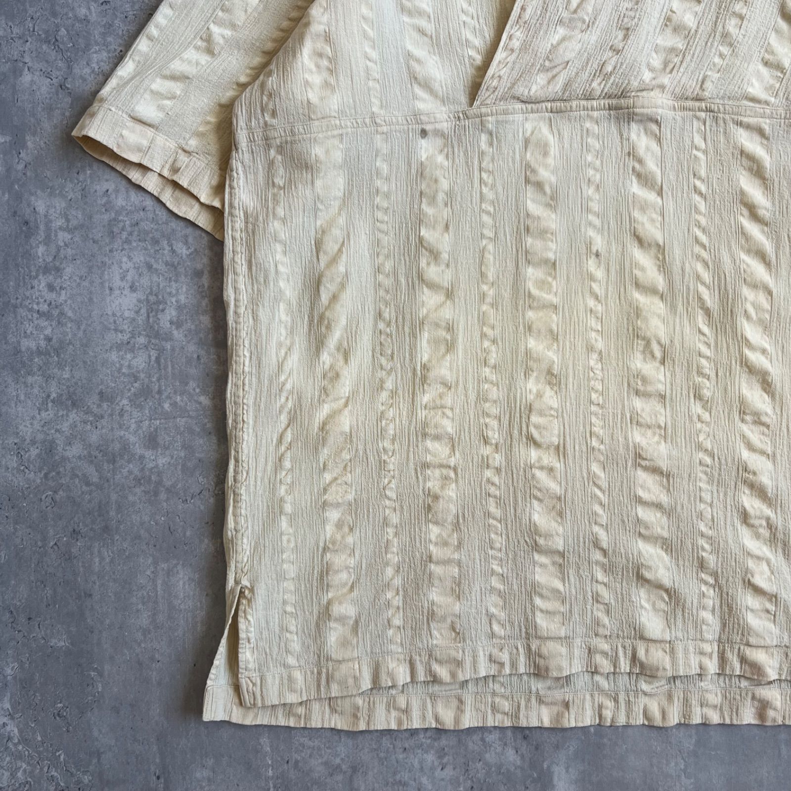 80s ISSEY MIYAKE イッセイミヤケ アーカイブ ヴィンテージ コットンリネン シアサッカー ノーカラーシャツ ベージュ Sサイズ NICORILABO_COM