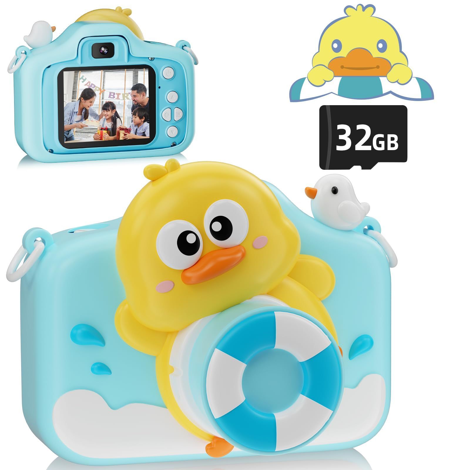 【新着商品】Duck) (Blue 誕生日プレゼンド付き 男の子女の子子供の日 が子供たちに メモリカード付きUSB充電多機能自撮なトイカメラゲーム機能搭載 HD動画デジタルカメラ32GB 子供用キッズト