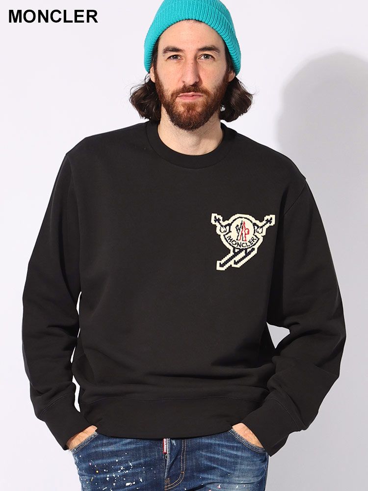 MONCLER (モンクレール) コットンジャージー フェルトロゴ クルーネック トレーナー MC8G00016899V4 メンズ (ブラック)
