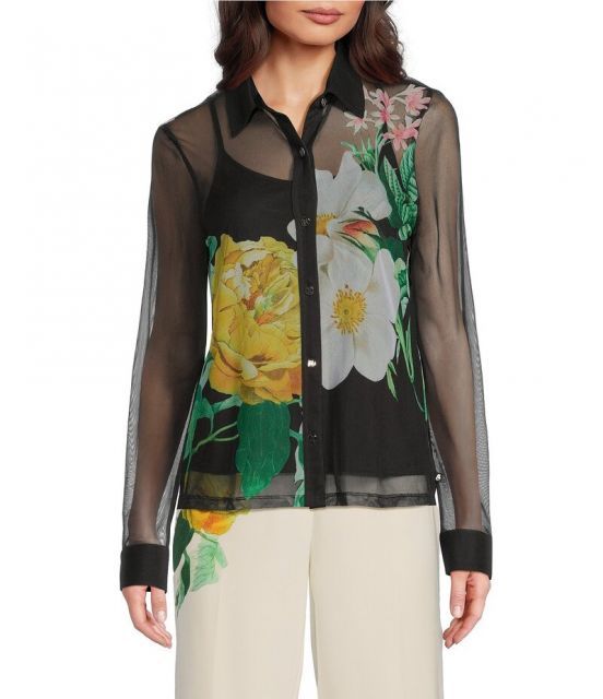 【送料無料】 カール ラガーフェルド レディース シャツ トップス Mesh Knit Floral Print Point Collar Long Sleeves Button Down Shirt Black