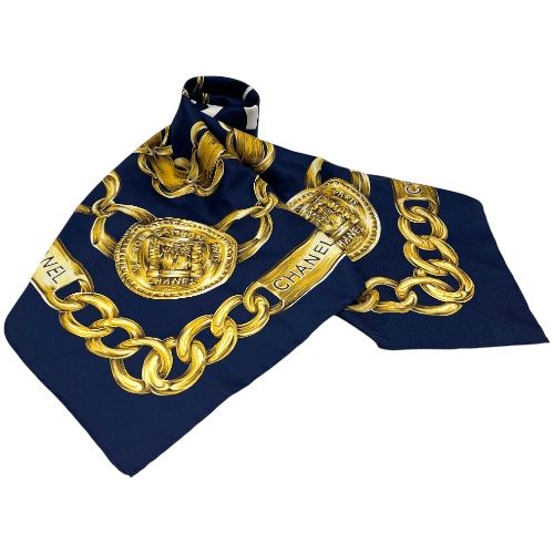 CHANEL シルクスカーフ ネイビー シャネル スカーフ ネイビー花 CHANEL -(soracoya)