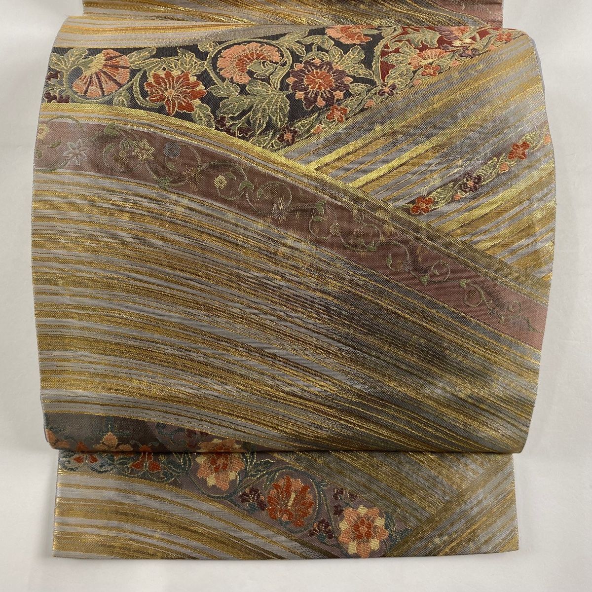 袋帯 秀品 花唐草 斜縞 金糸 箔 灰紫 六通 正絹