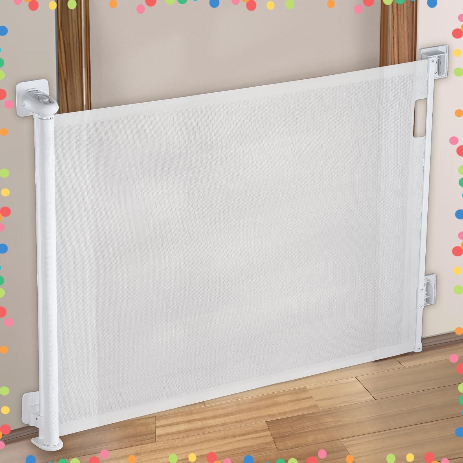 商品 ペットゲート 幅160cm 高さ86cm 階段上 猫 赤ちゃん 穴あけ不要 ベビーフェンス 巻き取り式 ロール 穴開けない 室内 ベビーゲート 玄関 台所 Seegar 日本語の説明書付き 白い色 最大幅160cm