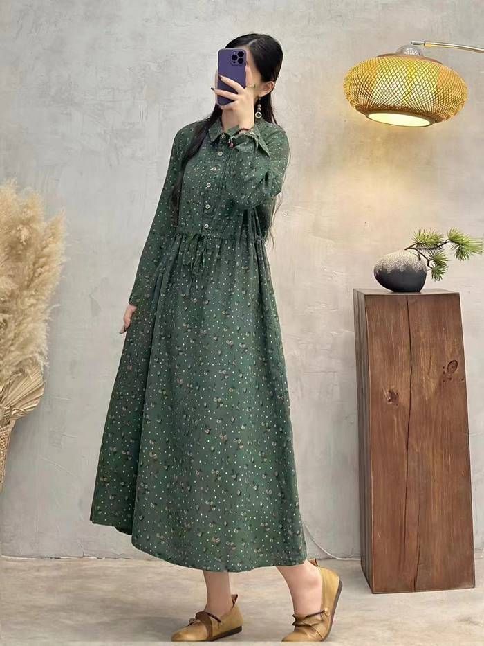 ワンピース レディース ロングワンピース 長袖 チュニック 花柄