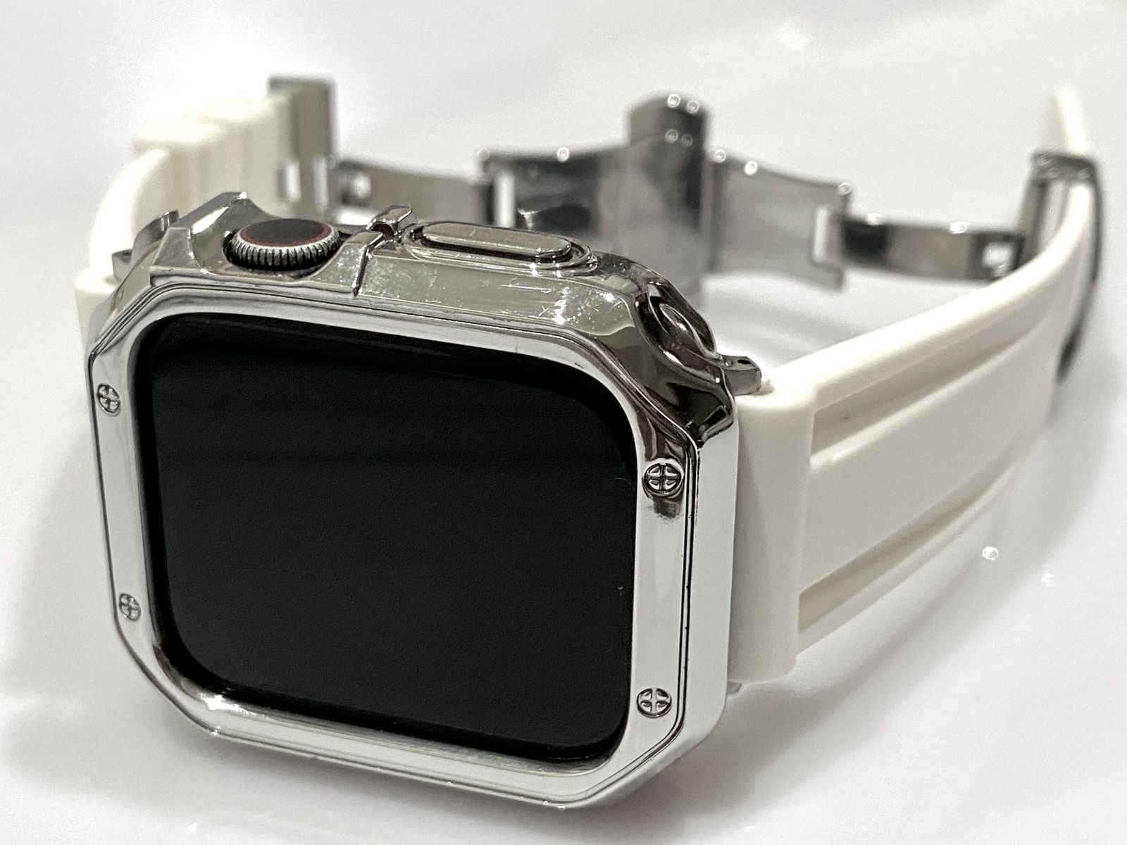 シルバーホワイト＠カスタム セット アップルウォッチバンド ラバーベルト Apple Watch カバー ケース メンズ レディース 38mm 40mm 41mm 42mm 44mm 45mm46mm49mm ウルトラ　ultra