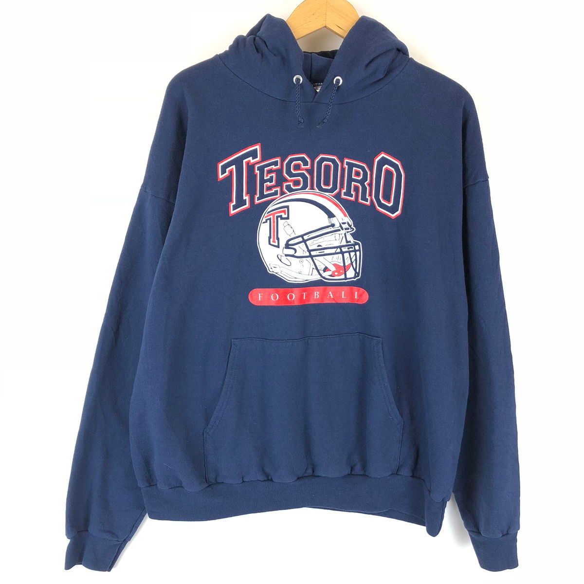【古着】 プリントパーカー TESORO フットボール アメフト ネイビー系 メンズL 【中古】 n011964