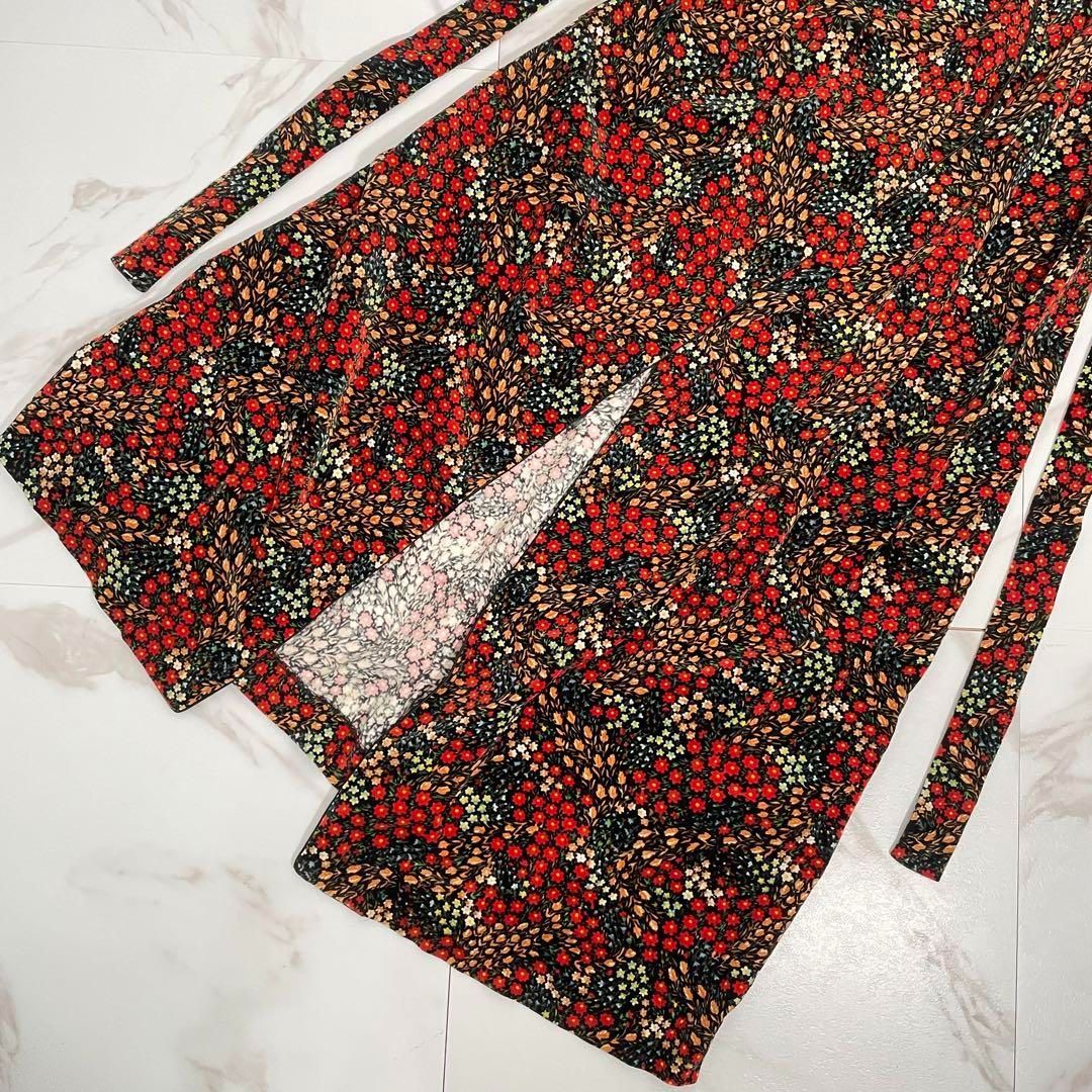 80s 90sヴィンテージ ベロアロングコート ガウン 花柄 ボタニカル ブラック レッド サイズM USTAUSTRALIA_COM_AU