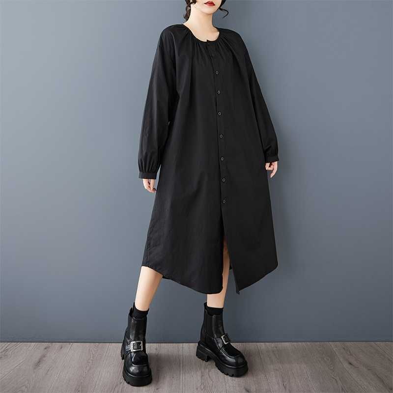 モード系　春新品 ロングワンピース ドッキング 個性 大きいサイズ 体型カバー レディース 長袖 シャツワンピース