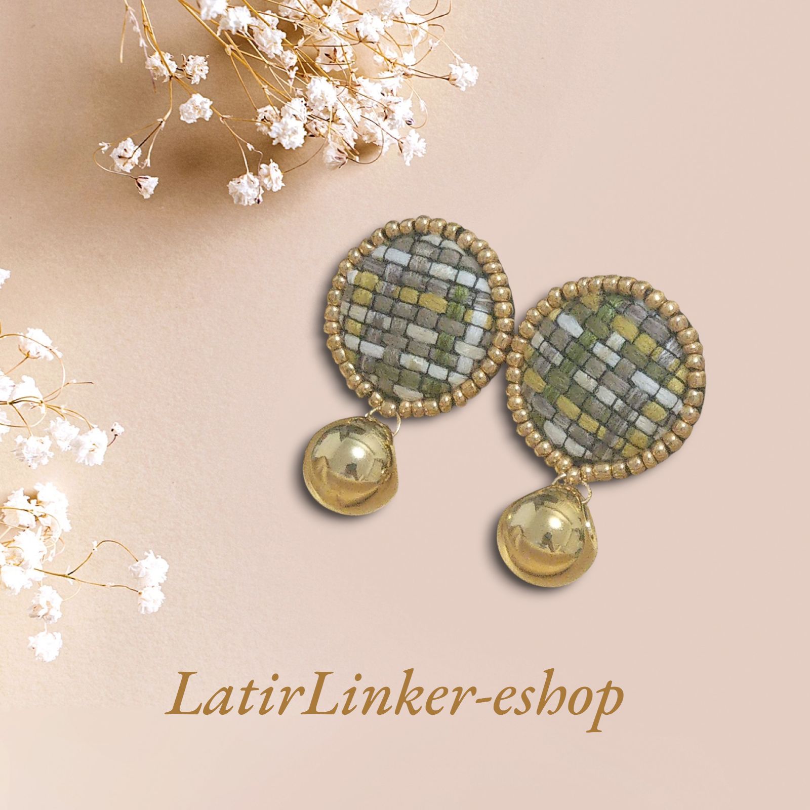 【no.1169】イエロー　カボション　パール　ハンドメイド　ピアス　イヤリング ハンドメイド アクセサリー A-9 ツイード黄金鈴丸パールビーズ ピアス