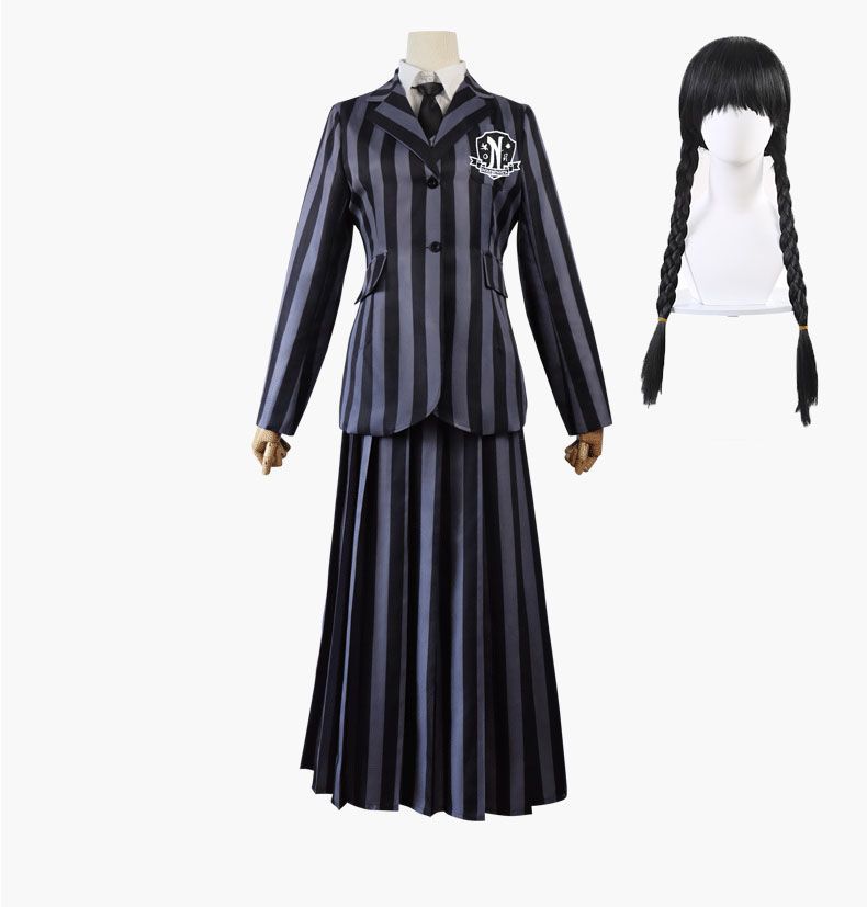 ウェンズデイ アダムス Wednesday 学生服 コスプレ衣装 ウィッグ付き ハロウィン衣装 大人 コスプレ コスチューム 撮影 お祭り プレゼント コスプレセット cosplay ハロウィン イベント