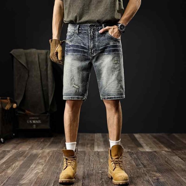 秋冬 コーデ メンズ 服 シンプル ファッション オシャレ 大人 かっこいい 大きいサイズ ストリート 紳士服 アメリカン ハイエンド デニム パンツ ヘビー ウォッシュ加工 レトロ ハーフ パンツ フィット ストレート レッグ ミッド
