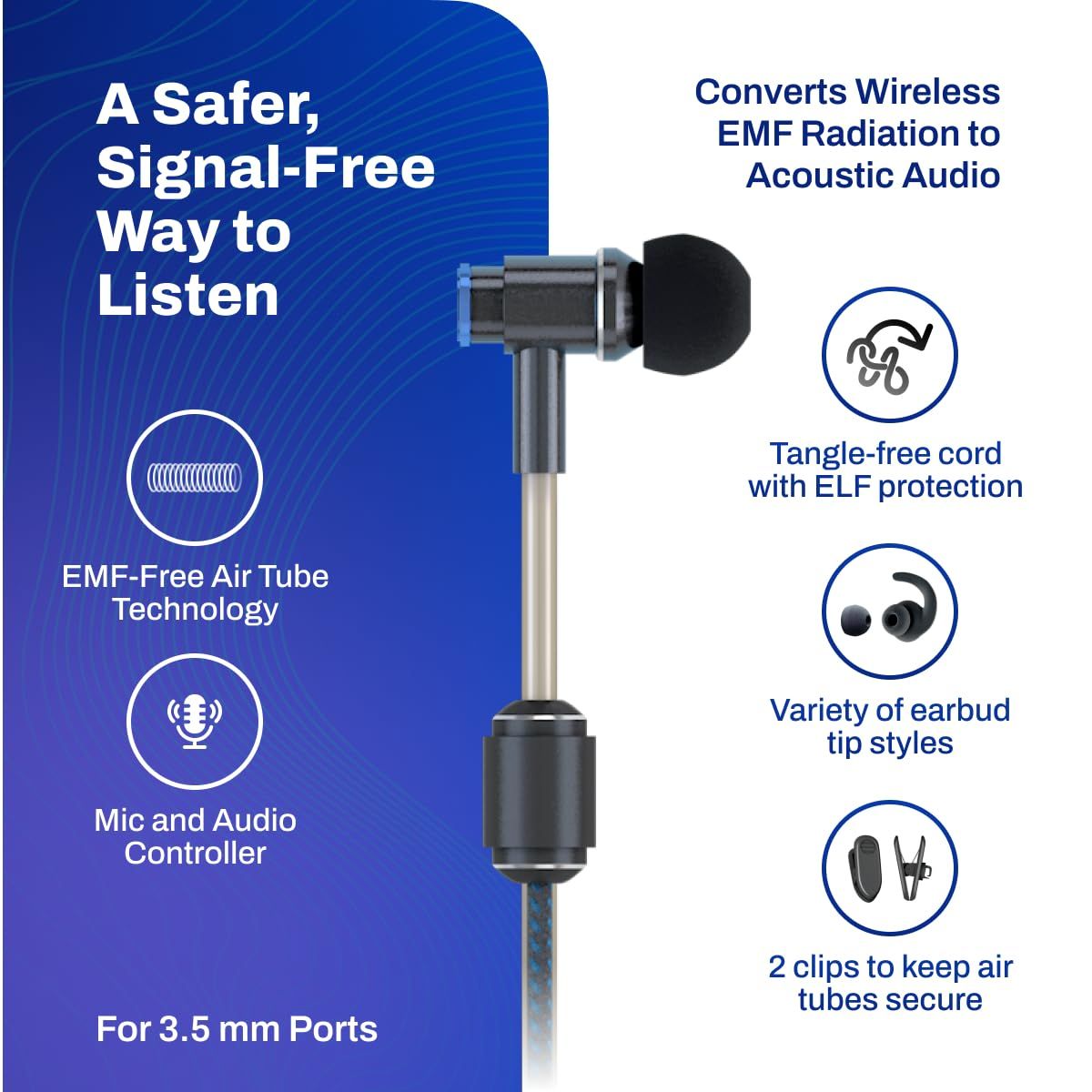 DefenderShield Air Tube ステレオ有線イヤホン – マイク-オーディオコントロール内蔵ユニバーサルアコースティックヘッドフォン – 3.5mmオーディオジャック付きセキュアフィット有線ヘッドフォン スポーツチップ 3つのイヤーチップサイ