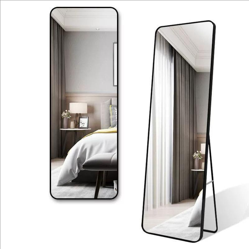 迅速発送 北欧 全身鏡 160CM * 50CM 角丸デザイン アルミフレーム 全身ミラー 姿見鏡 かがみ スタンドミラー 壁掛け可 大型 鏡 大きい おしゃれ 玄関 二サイズ 定番の黒です 50CMX160CM