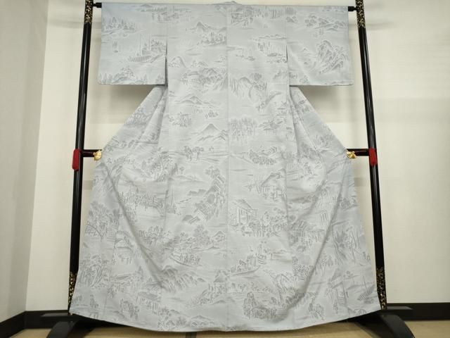 平和屋着物●本塩沢　人物風景文　暁鼠色地　正絹　逸品　AAAZ3807ck 平和屋着物○本塩沢 人物風景文 暁鼠色地 正絹 逸品 AAAZ3807ck