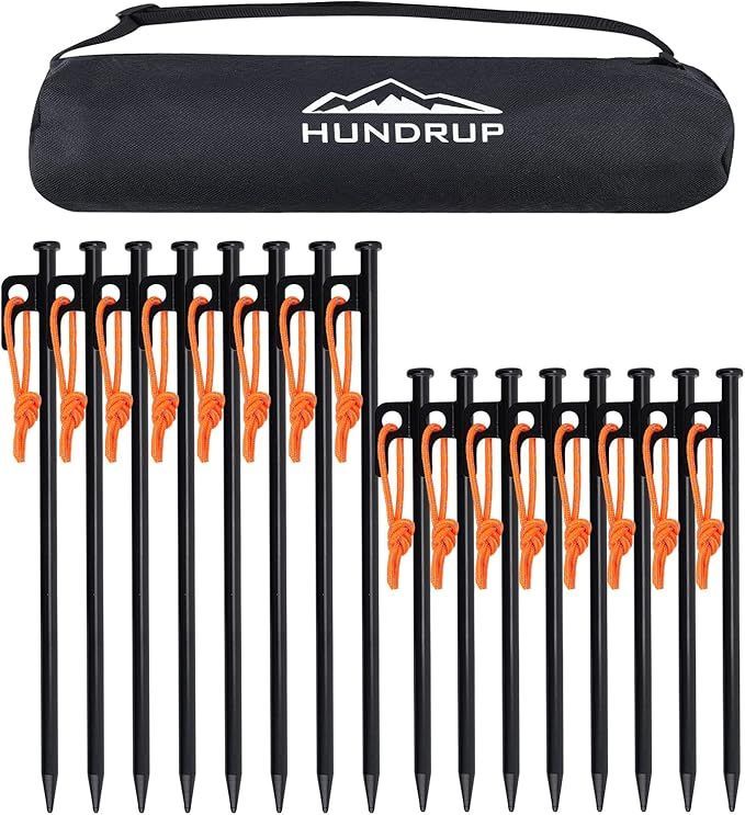 HUNDRUP【強化版】 ペグ 20cm/25cm/30cm/40cm 10本/16本 ペグセット 鍛造ペグ レーザー溶接 反射材入りロープ スチール ソリッド 収納ケース付き 設営用具 キャンプ テントペグ アウトドア 登山 硬い