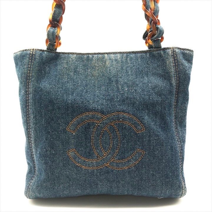 良品 CHANEL シャネル ココマーク デニム べっ甲 チェーン トート