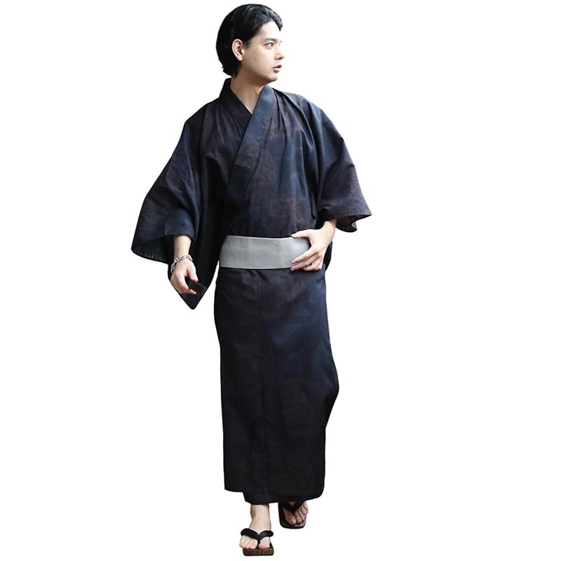 8 eight エイト 和柄 総柄 浴衣 3点セット メンズ 浴衣 帯 下駄 コットン 牡丹ネイビーLL