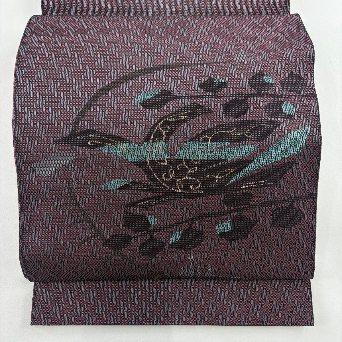 袋帯 長嶋成織物 証紙 葉柄 幾何学 紫 お太鼓柄 正絹