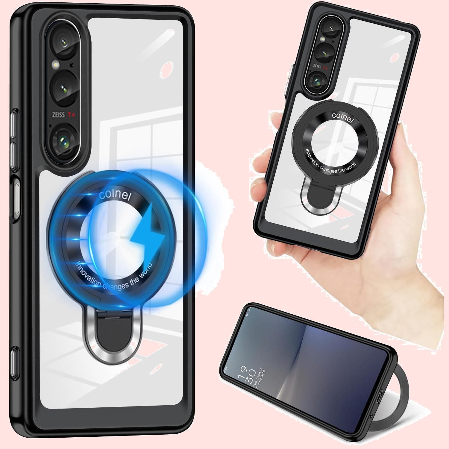 Xperia 1 VI ケース クリア MagSafe対応 丸型スタンド付き マグネット搭載 SO-51E SOG13 ケース 多機能Magsafeスタンド 縦横両対応 tpu pc 二重構造 耐衝撃 メッキ加工 ワイヤレス充電 車載ホルダー 対応 S