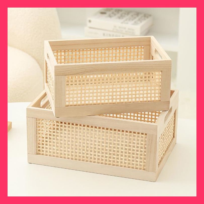 収納箱 くり抜き 竹編み 木製 長方形 木箱 無垢材 直角 おもちゃ 破片