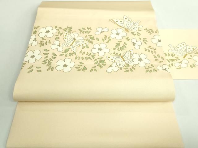 平和屋着物 上 塩瀬 九寸名古屋帯 駒刺繍 花蝶文 砥粉色地 金彩 DZAA9520kh5