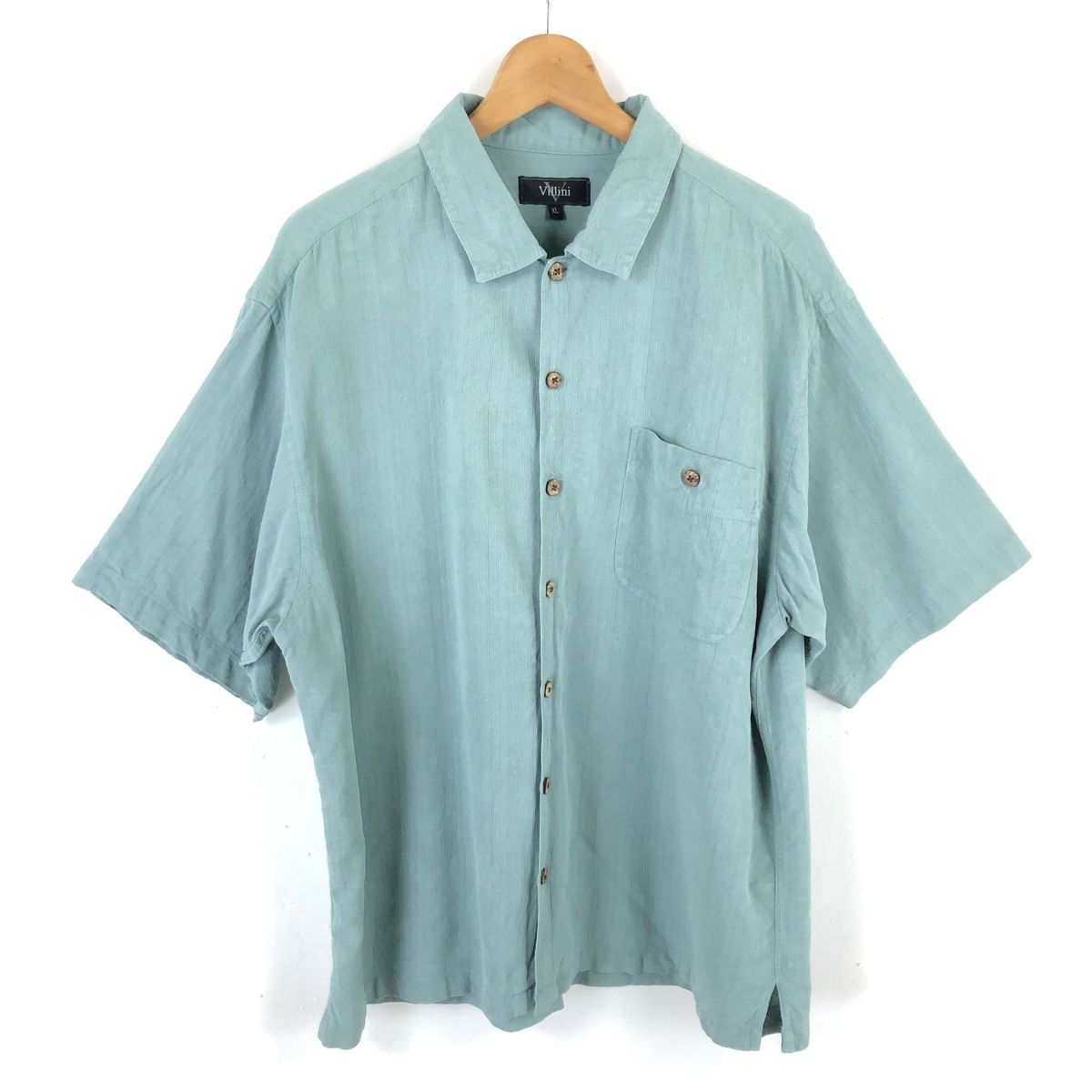 【古着】 villini シャツ シルクシャツ 織り柄 ストライプ 半袖 グリーン系 メンズXL 【中古】 n046581