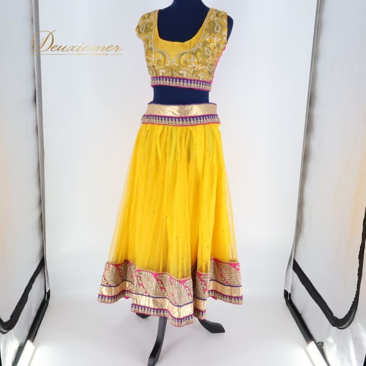ベリーダンス ボリウッド 衣装 上下セット イエロー系 黄色 ゴールド ラメ 柄 模様 光沢 艶 レース 練習 舞台 発表会 イベント コスチューム 黄色ドレス セットアップ 煌びやか フェスティバル 民族衣装 エスニックスタイル