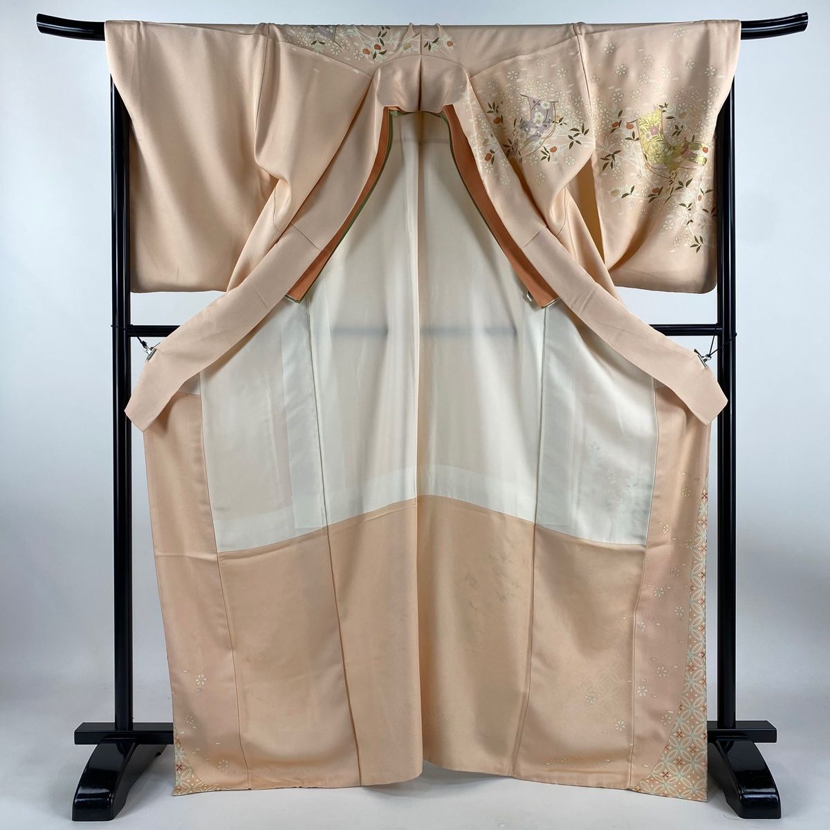 訪問着 身丈171cm 裄丈70cm L 袷 几帳 七宝 金糸 金彩 薄オレンジ 正絹  