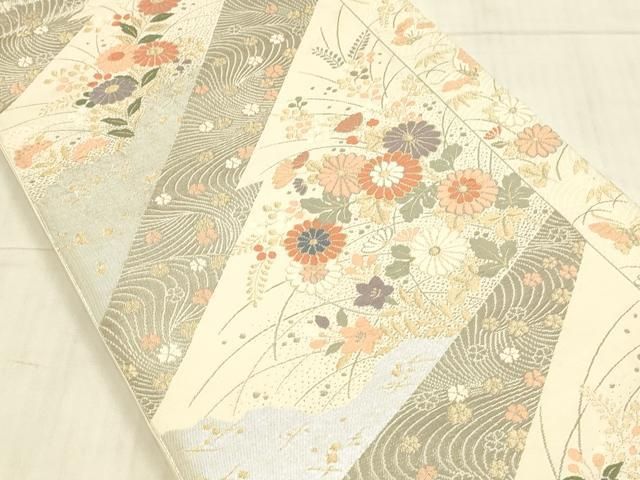 平和屋着物◎六通柄袋帯 唐織 流水花文 純プラチナ箔 正絹 逸品