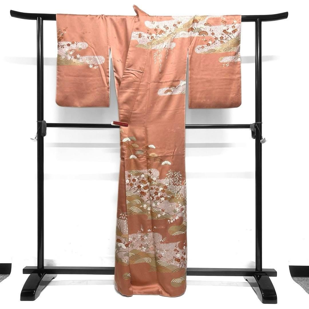 訪問着 金駒刺繍 金彩 梅 松 ヱ霞 鹿の子 紗綾形地紋 着物 105a 訪問着 金駒刺繍 金彩 梅 松 ヱ霞 鹿の子 紗綾形地紋 着物 105a