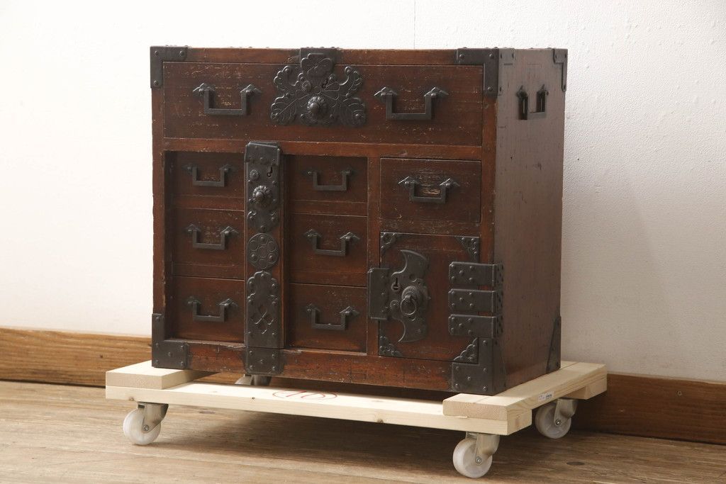 古道具 昭和レトロ 木製 書類棚 レターケース 五杯 剥離塗装 木製の小