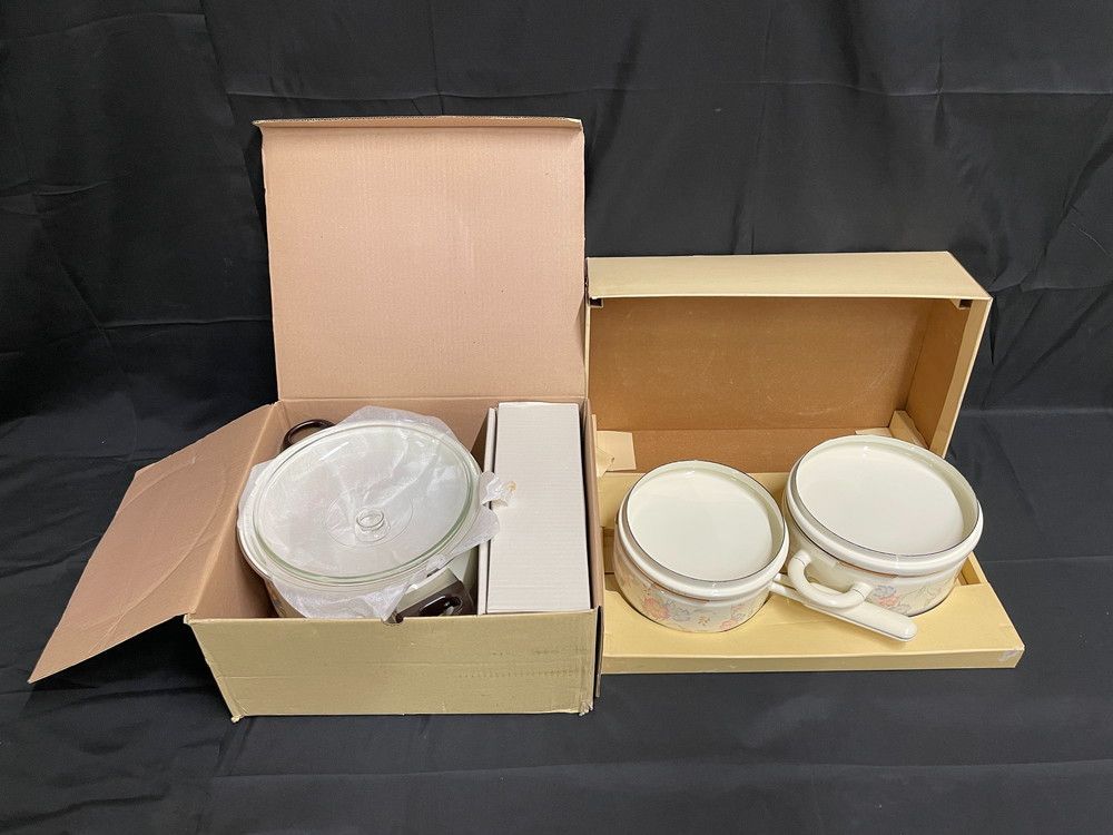 昭和レトロ ホーロー片手鍋＆両手鍋セット 蒸し兼用茶碗蒸し椀５個付き鍋セット