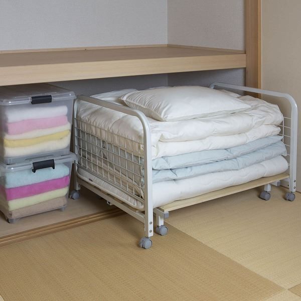 押し入れ収納 布団収納棚 約幅89.5〜170 cm ホワイト スチール 伸縮式 キャスター付き 桐すのこ 布団収納ラック 組立品 押入れ