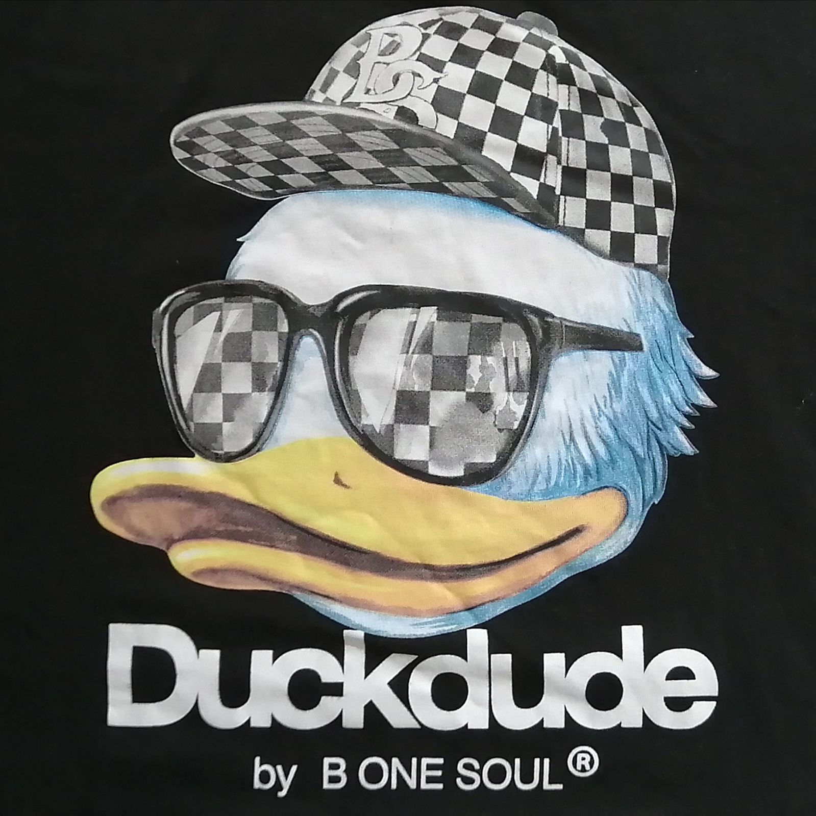 B ONE SOUL Duckdude プリントＴシャツ 袖折り返しチェック柄 サイズM