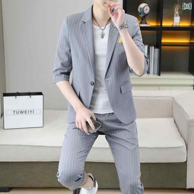 種類18：L/E：ダークグレーセット メンズ ファッション 服 男性用 オシャレ シンプル 大人 かっこいい ストリート スーツ 薄手 カジュアル チェック柄 ミドルスリーブススーツ ジャケット ス